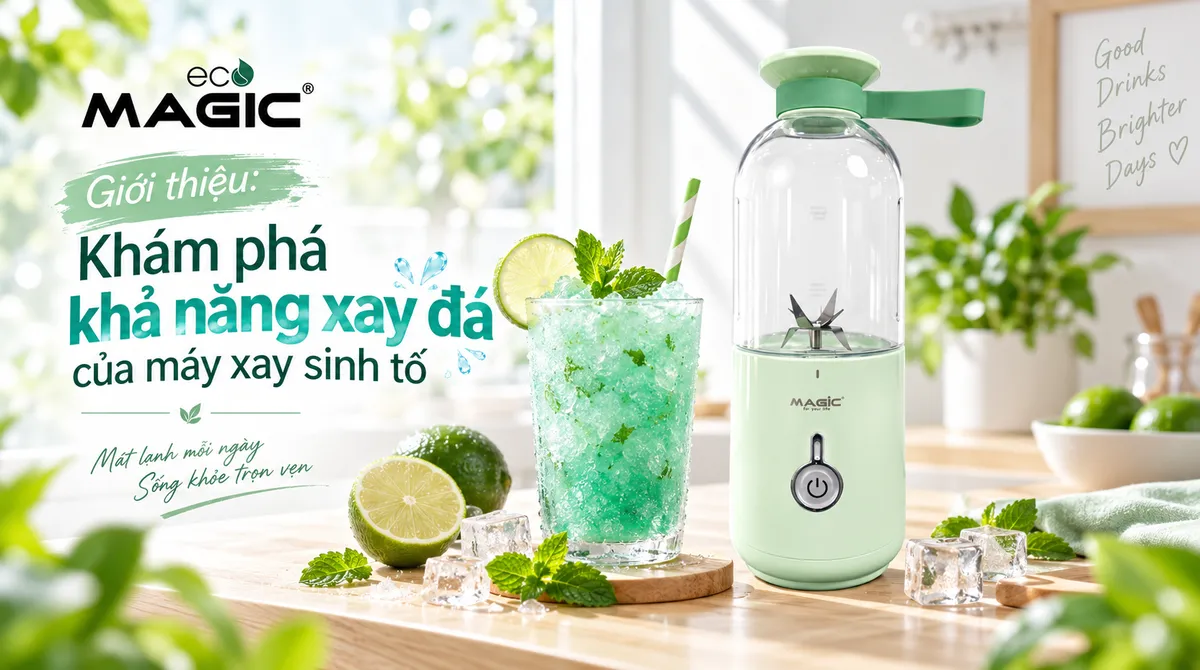 Máy Xay Sinh Tố Có Xay Đá Được Không? Hướng Dẫn Chi Tiết Từ Chuyên Gia 1 Cốc sinh tố đá bào mát lạnh và máy xay sinh tố Magic, minh họa khả năng xay đá nhuyễn mịn, giải nhiệt mùa hè hiệu quả.