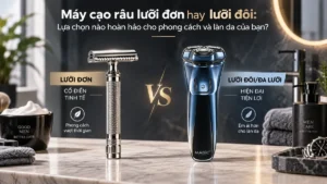 Hình ảnh so sánh hai loại máy cạo râu lưỡi đơn cổ điển và máy cạo râu lưỡi đôi hiện đại, giúp người dùng lựa chọn máy cạo râu phù hợp với làn da.