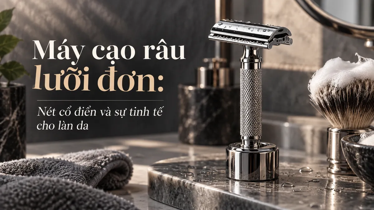Hình ảnh cận cảnh dao cạo an toàn (safety razor) lưỡi đơn bằng kim loại, biểu tượng của phong cách cạo râu cổ điển và tinh tế.