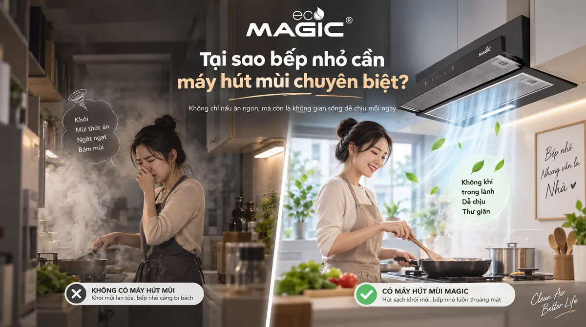 Hình ảnh so sánh bếp nhỏ có và không có máy hút mùi, thể hiện hiệu quả loại bỏ mùi và khói.