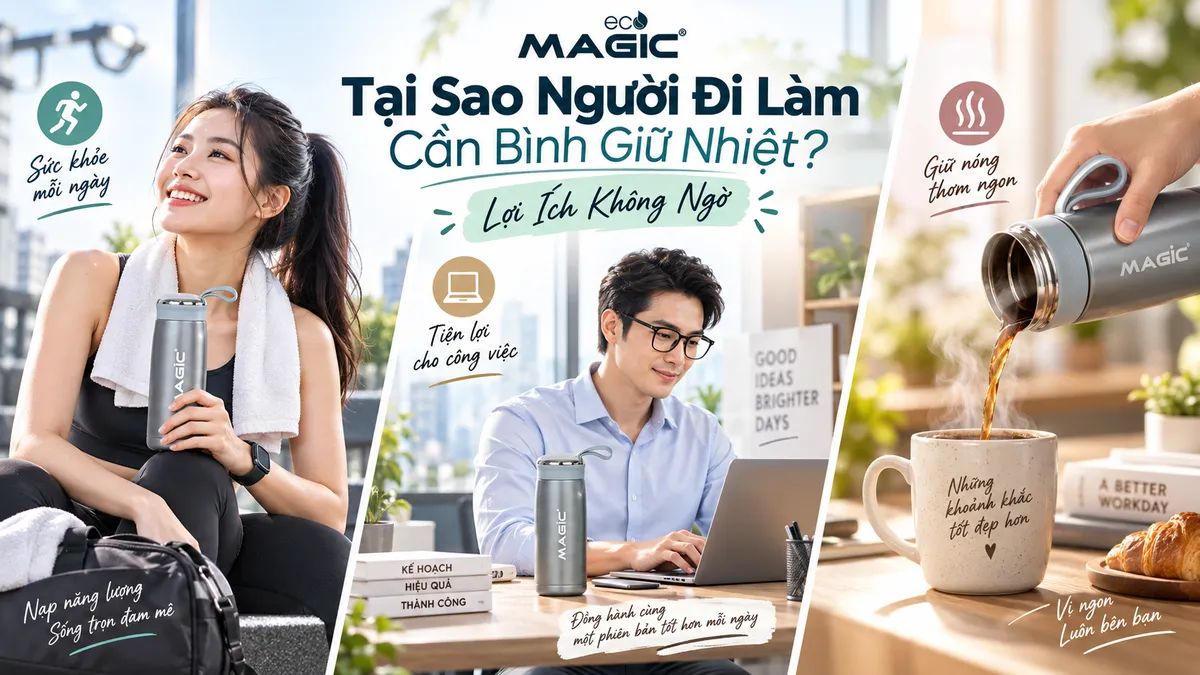 Bình Giữ Nhiệt Cho Người Đi Làm: Hướng Dẫn Chọn Mua Tốt Nhất & Đánh Giá Chi Tiết 2026 2 Minh họa các lợi ích của bình giữ nhiệt cho người đi làm: giữ nước khi tập thể dục, làm việc, mang cà phê, thể hiện lối sống khỏe mạnh và tiện lợi.