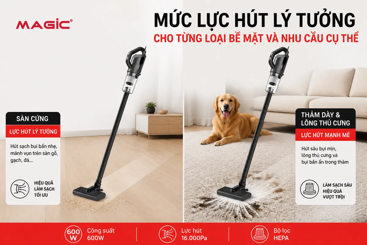 So sánh hiệu quả làm sạch của máy hút bụi trên sàn cứng (gạch, gỗ) và thảm dày, minh họa mức lực hút máy hút bụi phù hợp cho từng bề mặt.