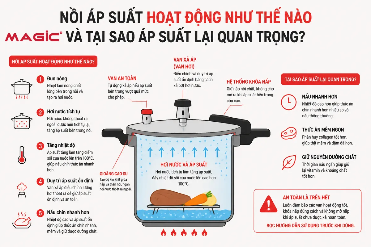 Nồi Áp Suất Không Lên Áp: Nguyên Nhân & Cách Khắc Phục An Toàn, Hiệu Quả Ngay Tại Nhà 2 Sơ đồ minh họa cấu tạo và nguyên lý hoạt động của nồi áp suất, chỉ rõ gioăng cao su, van xả áp và van an toàn.
