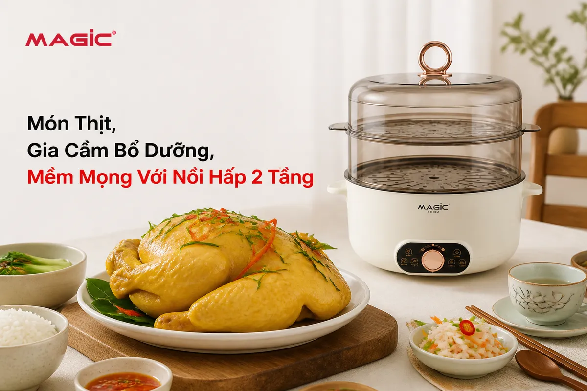 Gà hấp lá chanh nguyên con, da vàng óng, mềm mại và bổ dưỡng từ nồi hấp 2 tầng, lý tưởng cho bữa ăn gia đình.