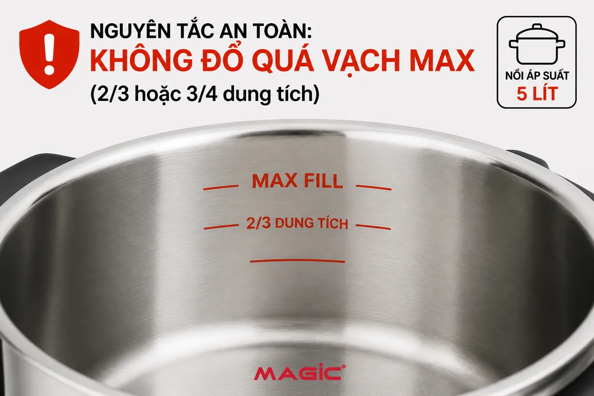Cận cảnh lòng nồi áp suất 5 lít với vạch 'Max Fill' hoặc '2/3' được đánh dấu rõ ràng, nhấn mạnh nguyên tắc an toàn khi sử dụng nồi áp suất.