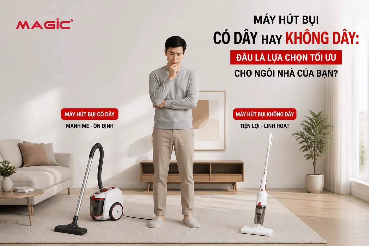 Máy Hút Bụi Có Dây Hay Không Dây: Đâu Là Lựa Chọn Tối Ưu Cho Ngôi Nhà Của Bạn? 1 Người dùng đang băn khoăn lựa chọn giữa máy hút bụi có dây truyền thống và máy hút bụi không dây hiện đại của Magic trong không gian sống tiện nghi, thể hiện sự so sánh ưu nhược điểm.