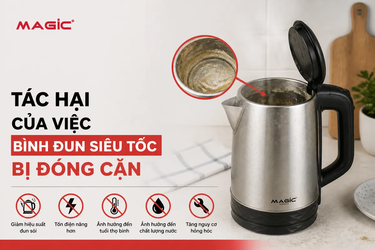 Hình ảnh bình đun siêu tốc MAGIC hoạt động kém hiệu quả do đóng cặn vôi dày đặc, minh họa tác hại làm giảm tuổi thọ và hiệu suất thiết bị.