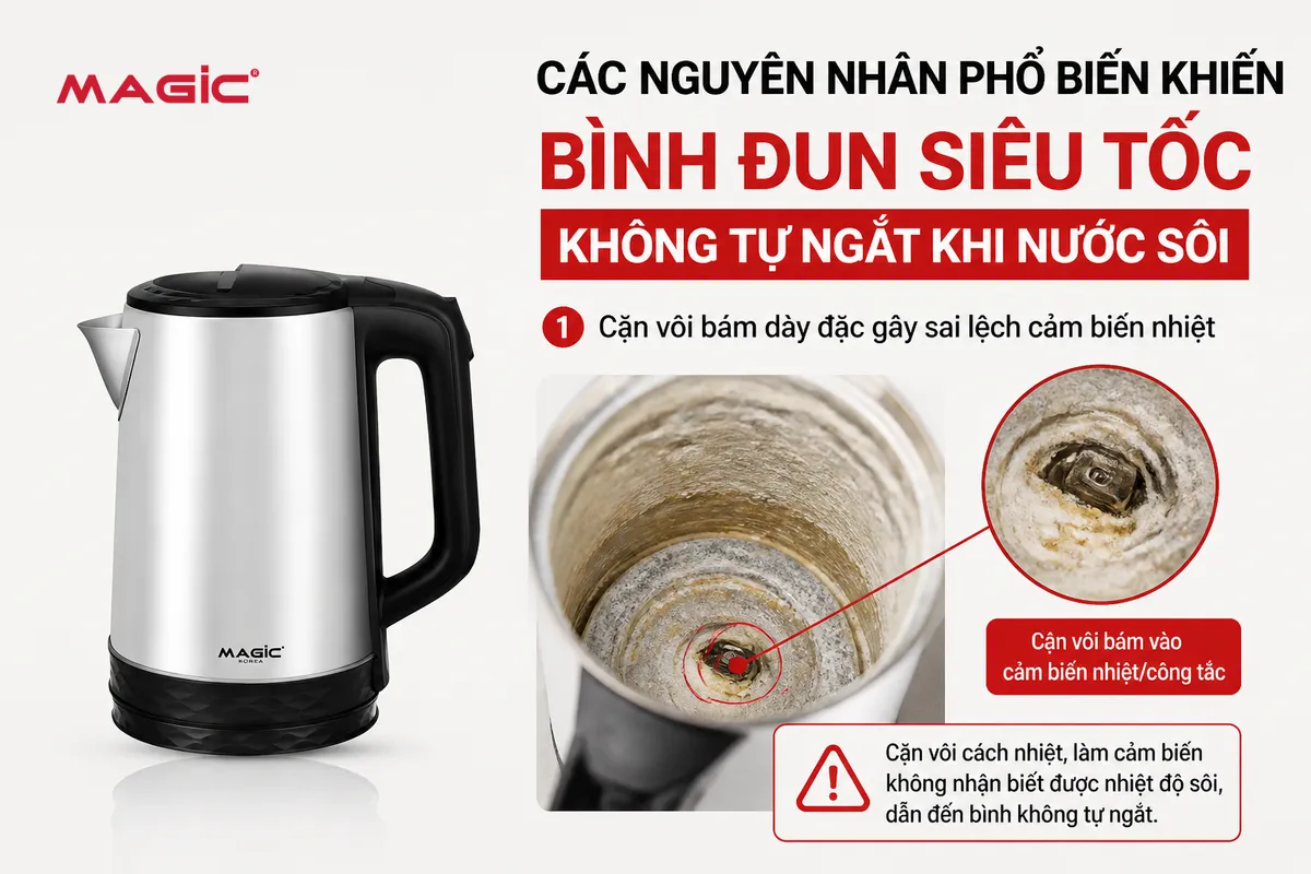 Cận cảnh bên trong bình đun siêu tốc bị cặn vôi bám dày đặc ở cảm biến nhiệt, minh họa nguyên nhân phổ biến gây ra tình trạng bình đun siêu tốc không tự ngắt.