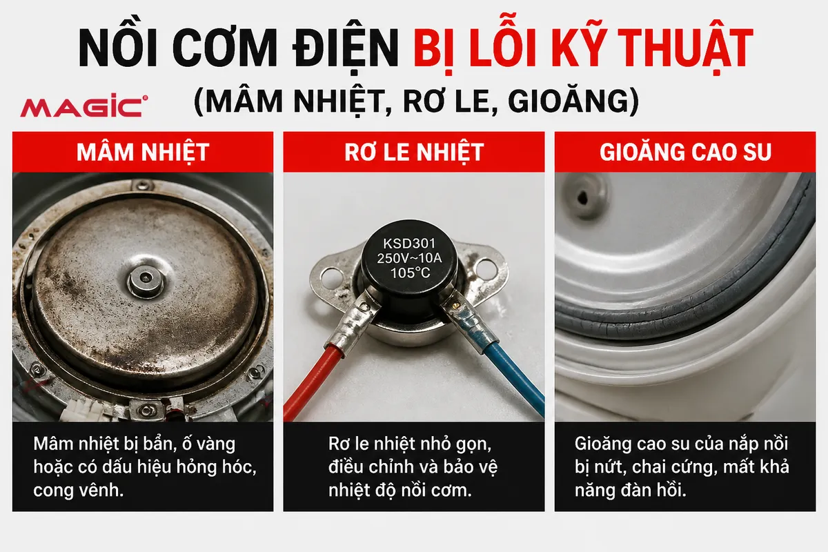 Nồi Cơm Điện Nấu Cơm Bị Sống: Nguyên Nhân, Cách Khắc Phục & Mẹo Nấu Cơm Hoàn Hảo 4 Cận cảnh các bộ phận nồi cơm điện bị lỗi: mâm nhiệt bẩn, rơ le nhiệt hỏng, gioăng cao su chai cứng, gây ra tình trạng nồi cơm điện nấu cơm bị sống.