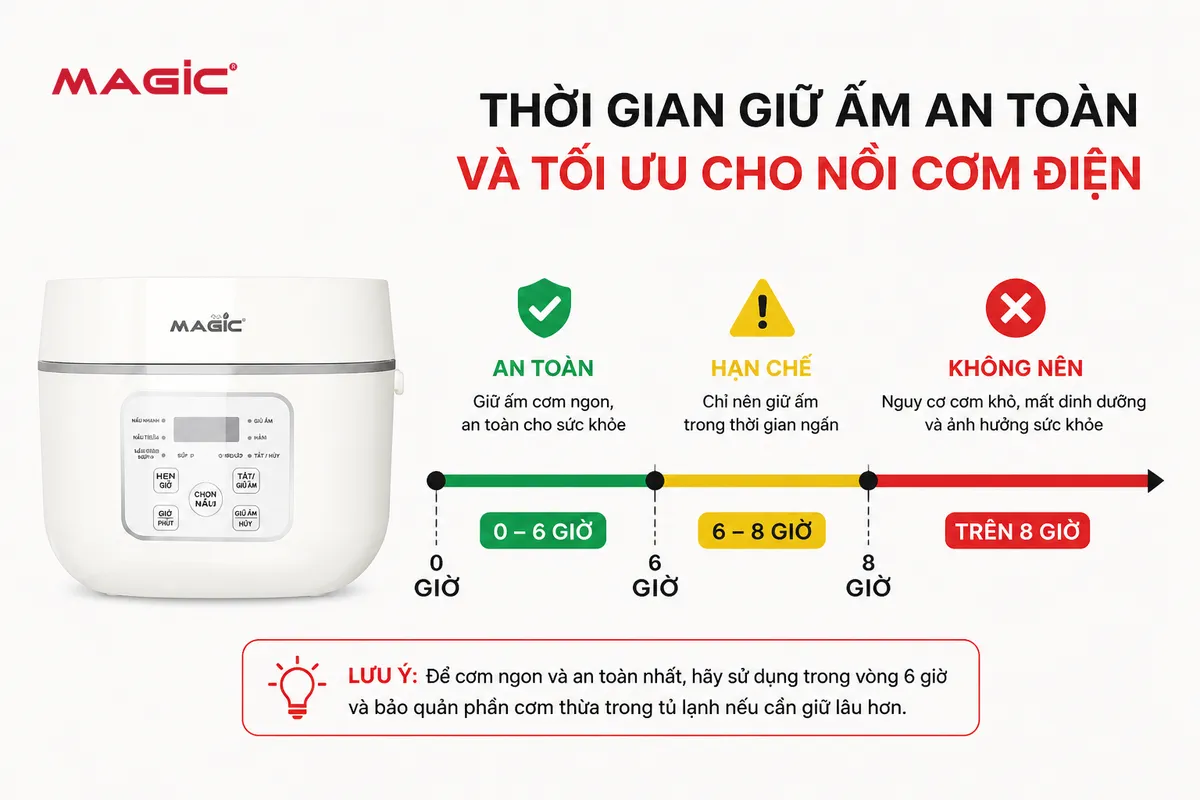 Nồi Cơm Điện Giữ Ấm Được Bao Lâu? Hướng Dẫn An Toàn và Tối Ưu 2 Biểu đồ minh họa thời gian giữ ấm cơm an toàn (vùng xanh), hạn chế (vùng vàng) và không nên (vùng đỏ) trong nồi cơm điện, trả lời cho câu hỏi nồi cơm điện giữ ấm được bao lâu.