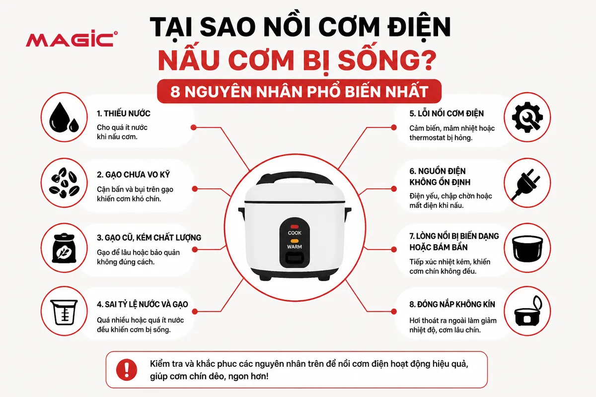 Nồi Cơm Điện Nấu Cơm Bị Sống: Nguyên Nhân, Cách Khắc Phục & Mẹo Nấu Cơm Hoàn Hảo 3 Sơ đồ minh họa 8 nguyên nhân phổ biến khiến nồi cơm điện nấu cơm bị sống: thiếu nước, lỗi nồi, gạo, nguồn điện.
