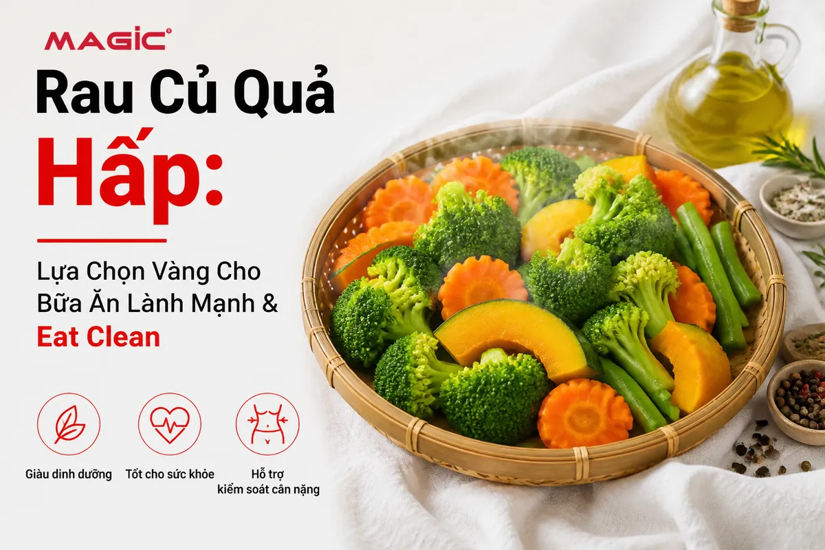 Rổ rau củ hấp chín đa sắc (bông cải, cà rốt, bí đỏ) giữ nguyên màu sắc tươi tắn và dinh dưỡng, món ăn lành mạnh từ nồi hấp 2 tầng.