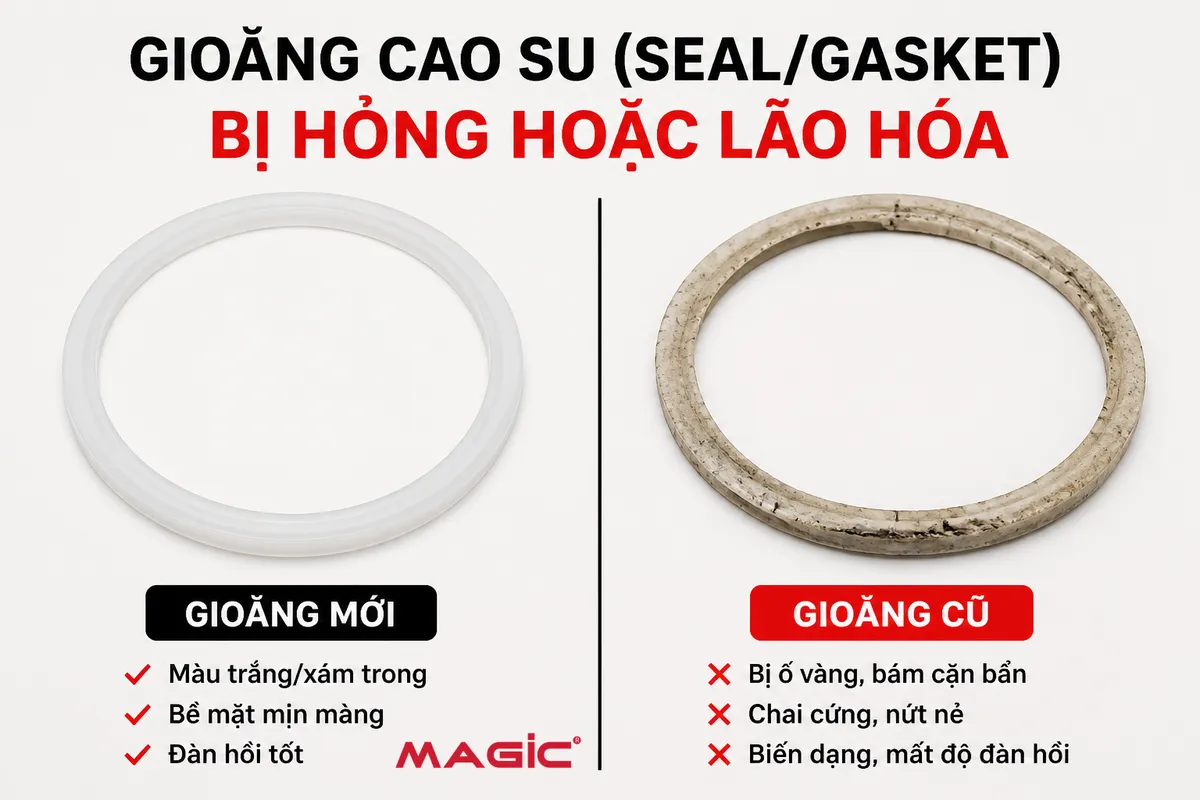 Nồi Áp Suất Không Lên Áp: Nguyên Nhân & Cách Khắc Phục An Toàn, Hiệu Quả Ngay Tại Nhà 3 Hình ảnh so sánh gioăng cao su nồi áp suất mới nguyên và gioăng cũ bị chai cứng, nứt, biến dạng, nguyên nhân nồi áp suất không lên áp.