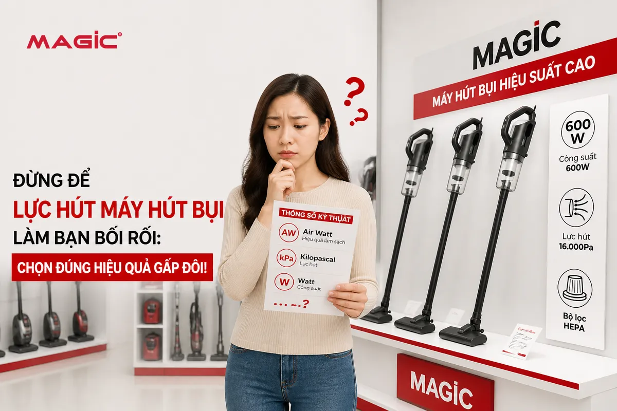 Người phụ nữ bối rối đứng trước các loại máy hút bụi, thể hiện sự phân vân về lực hút máy hút bụi và các thông số kỹ thuật khác nhau.