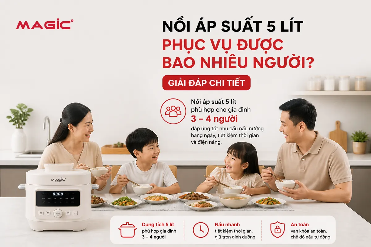 Gia đình nhỏ 3-4 người quây quần bên mâm cơm ấm cúng với nồi áp suất 5 lít trên bàn bếp, minh họa khả năng nồi áp suất 5 lít phục vụ gia đình.