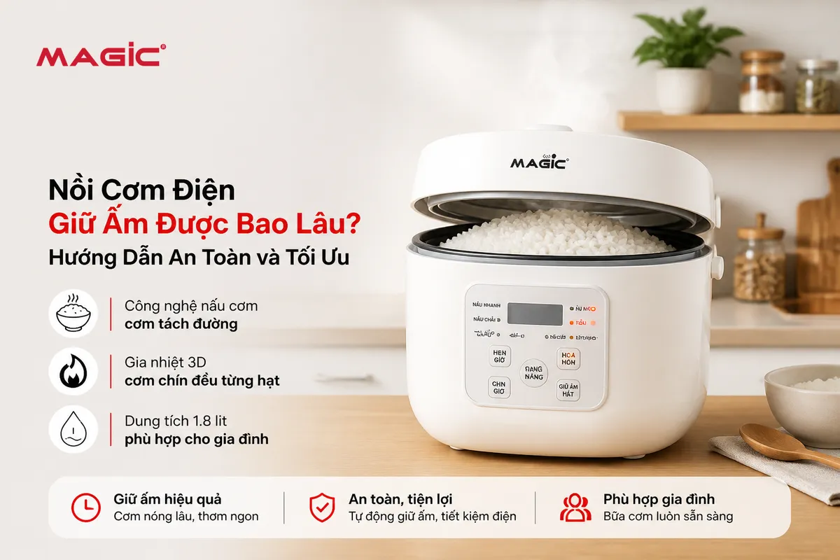 Nồi Cơm Điện Giữ Ấm Được Bao Lâu? Hướng Dẫn An Toàn và Tối Ưu 1 Hình ảnh nồi cơm điện đang bật chức năng giữ ấm, có khói nhẹ bốc lên từ cơm, minh họa việc cơm được giữ ấm để trả lời câu hỏi nồi cơm điện giữ ấm được bao lâu.