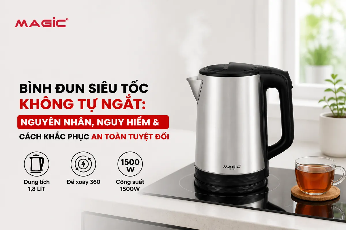 Hình ảnh bình đun siêu tốc hiện đại, an toàn đang hoạt động bình thường trong không gian bếp gọn gàng, thể hiện sự tiện lợi và tránh tình trạng bình đun siêu tốc không tự ngắt.