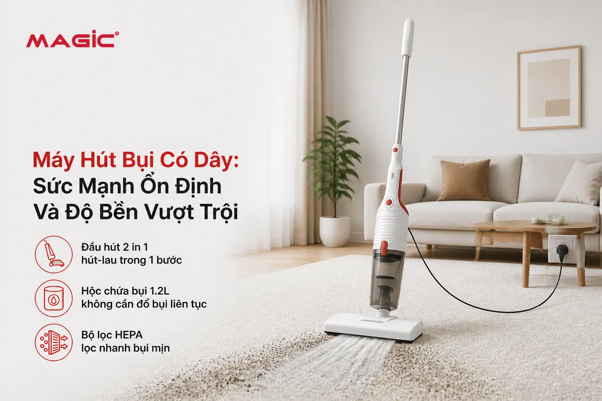 Máy Hút Bụi Có Dây Hay Không Dây: Đâu Là Lựa Chọn Tối Ưu Cho Ngôi Nhà Của Bạn? 2 Hình ảnh máy hút bụi có dây Magic A-065 đang hoạt động trên thảm, minh họa công suất mạnh mẽ và độ bền vượt trội, làm sạch hiệu quả không gian sống.