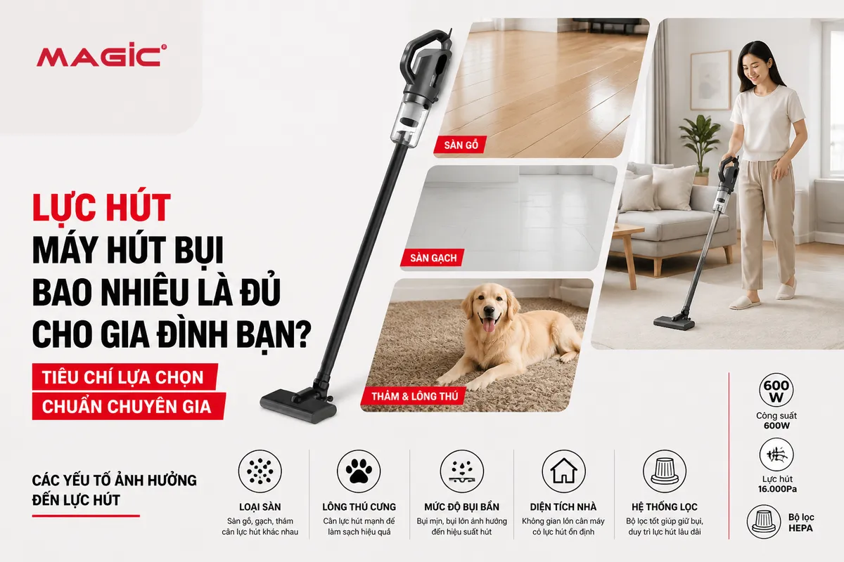 Tổng hợp các yếu tố ảnh hưởng đến lựa chọn lực hút máy hút bụi: sàn gỗ, sàn gạch, thảm, thú cưng và tần suất dọn dẹp.