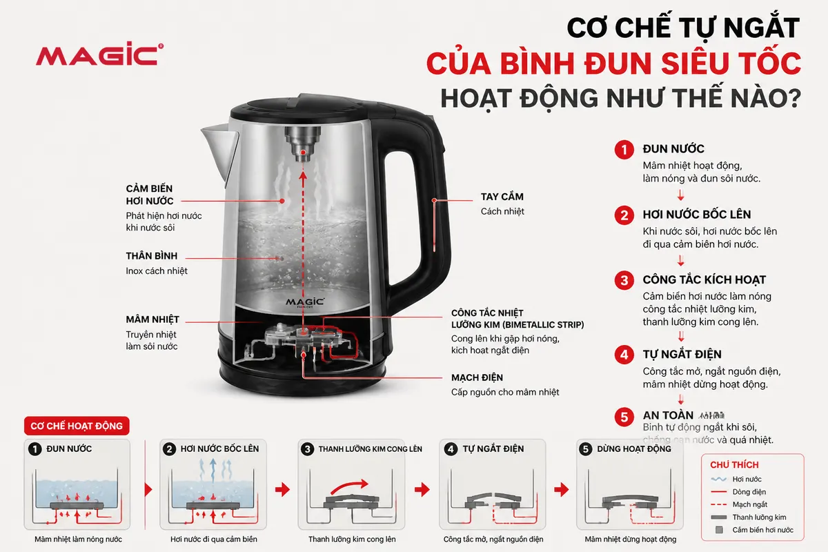 Sơ đồ minh họa cơ chế cảm biến hơi nước và công tắc lưỡng kim bên trong bình đun siêu tốc, giúp hiểu nguyên lý tự ngắt và khắc phục lỗi bình đun siêu tốc không tự ngắt.